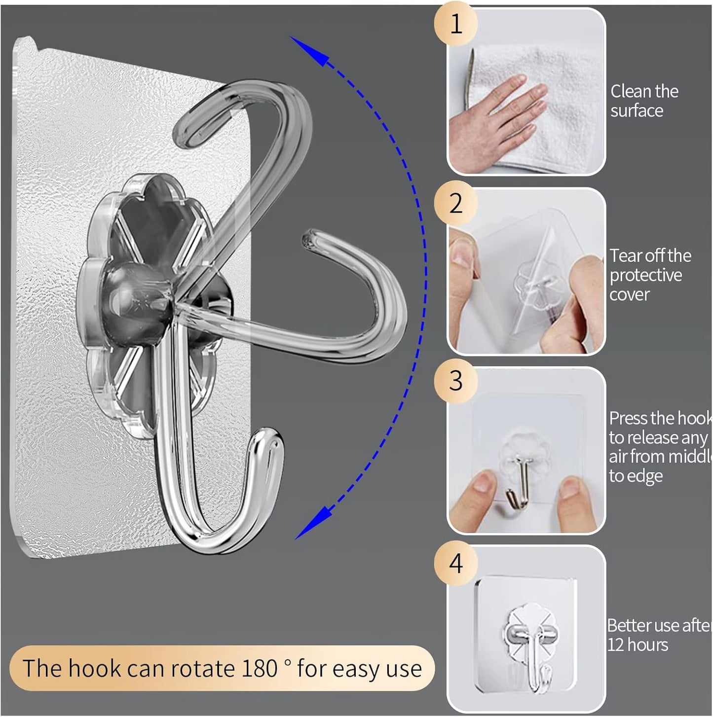 5/50pcs Transparent Stainless Steel Strong Self Adhesive Hooks.